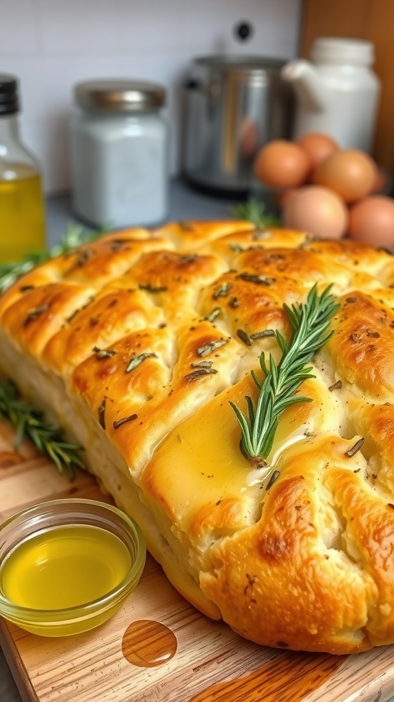 Golden brown focaccia bread with rosemary and olive oil on a wooden board, served with a bowl of olive oil.